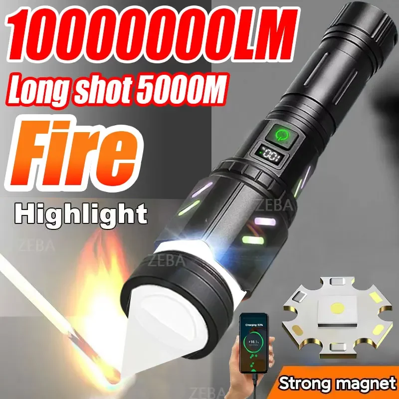 Outdoor tactical fire-starting LED flashlight, focusable and flame-ignitable, 5000 lumens, rechargeable torch with laser pointer