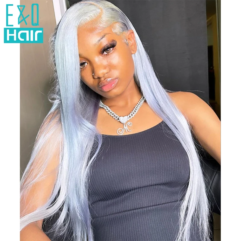 13x4 Silver Grey Colored Straight T Part Human Hair Wigs Lace Front Wig Pre Plucked With Baby Hair Transparent Brazilian Virgin