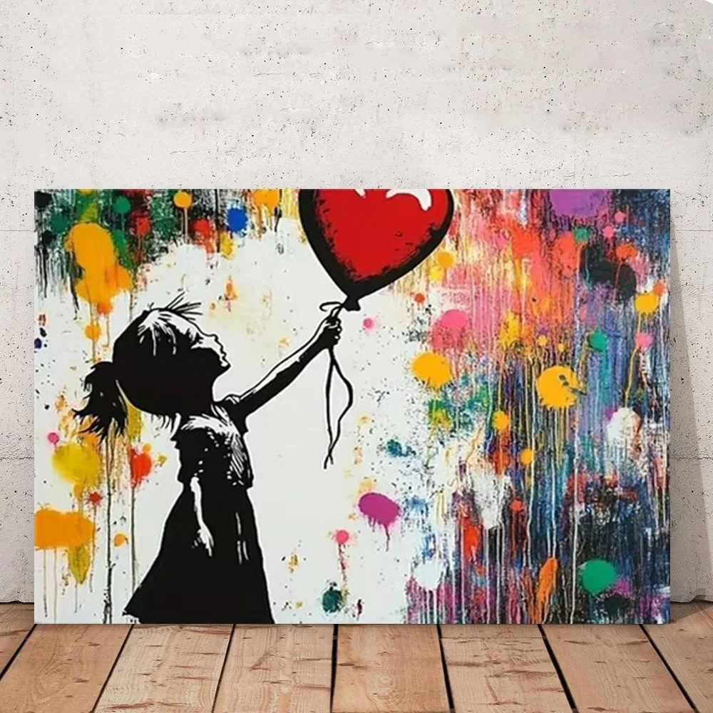 Multiple sizes 1pc frameless Canvas Painting,Girl with Balloon Street Graffiti Poster and Prints Canvas Painting Wall Art Pictur