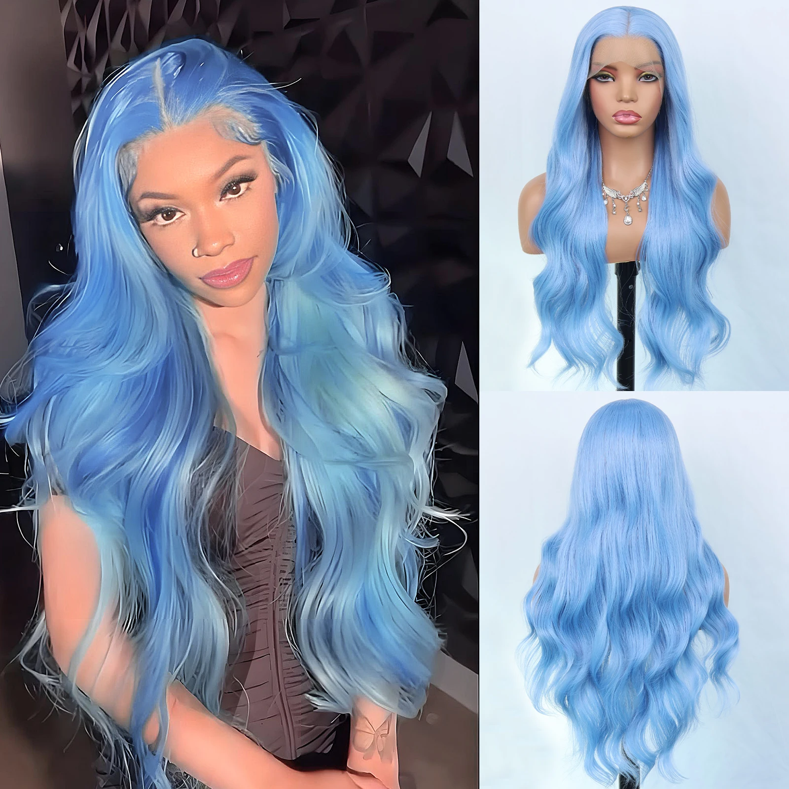 

Синтетический парик Aubree с кружевной передней частью для женщин, 28 дюймов, длинные волнистые светло-голубые волосы, без клея, термостойкий, для ежедневного использования, косплей