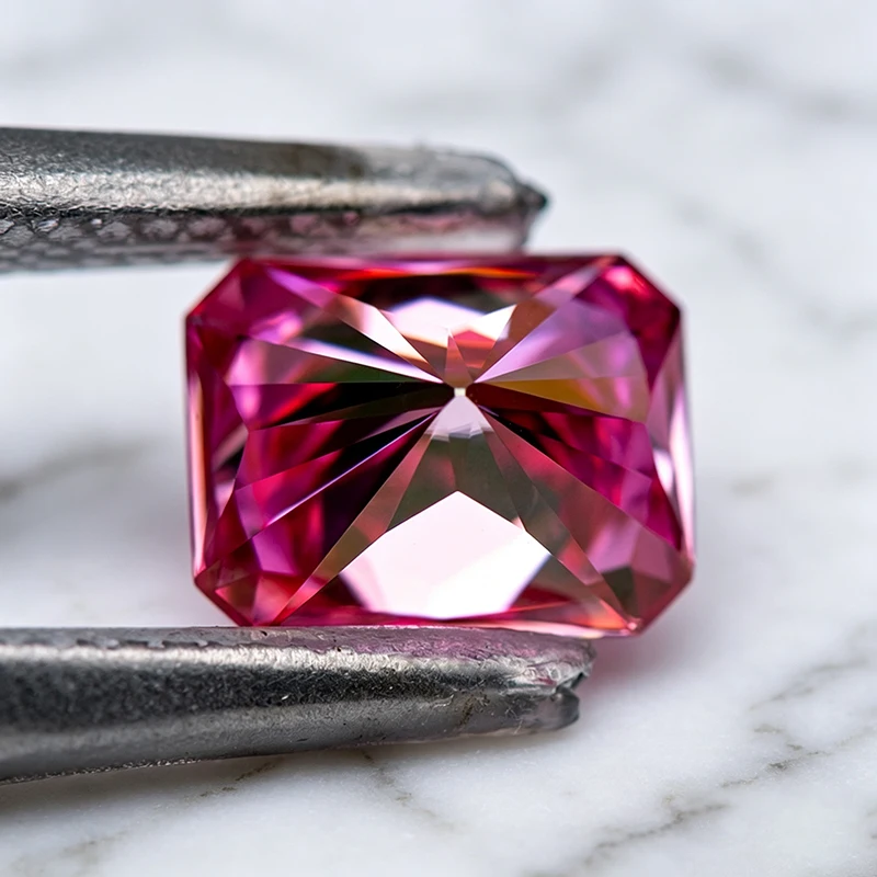 Moissanit-Stein im Radiant-Schliff, rosa Farbe, im Labor gezüchteter Edelstein für DIY-Anhänger und Schmuckherstellung, besteht den Diamanttester mit Zertifikat. – Detail 6