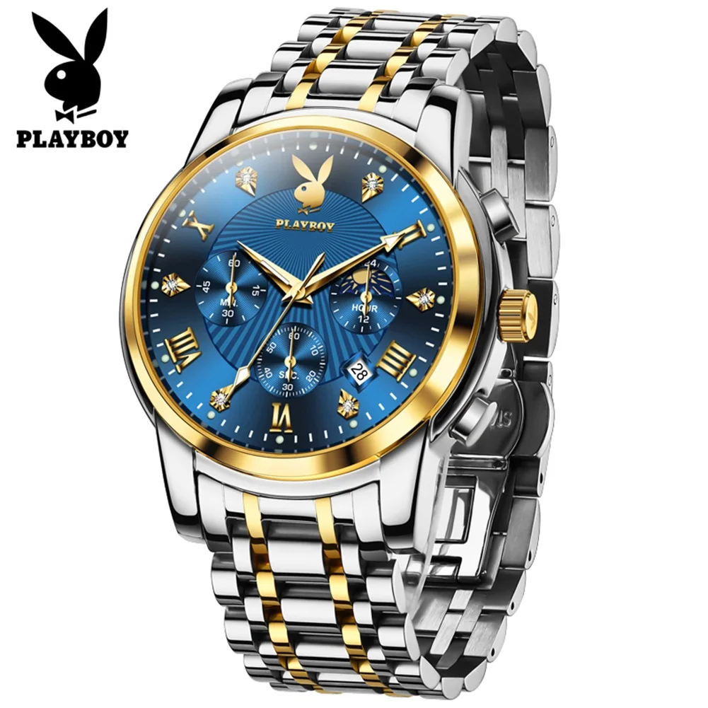 PLAYBOY Quartz Watch for Man Solid Steel Strap Waterproof Luminous Chronograph 24 Hour Moon Phase Men's Business Wristwatch 3066