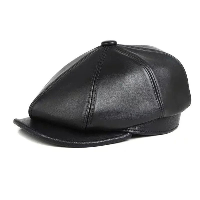 Men's First Layer Cowhide Leather Hat Winter Berets Male Warm Ear Protection Cap 100% Genuine Leather Dad Hat Duckbill Leisure