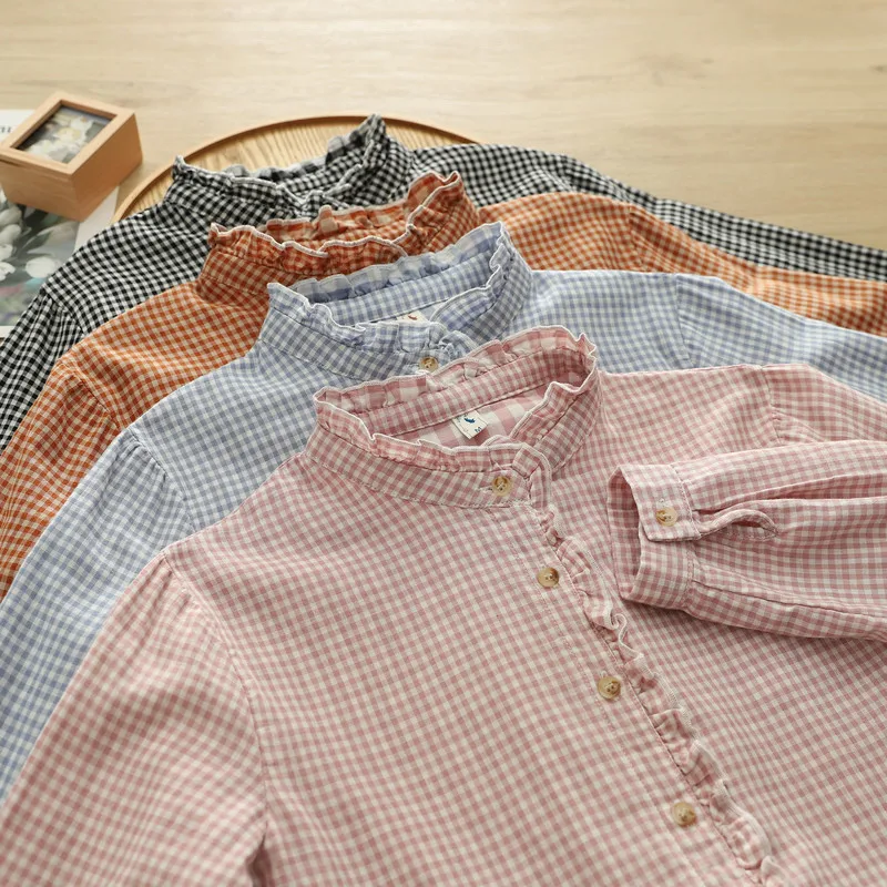 เสื้อเชิ้ตแขนยาวผ้าฝ้ายลายสก็อตแต่งระบายสไตล์โมริเกิร์ล  สำหรับผู้หญิง  รุ่นใหม่ประจำฤดูใบไม้ร่วงปี 2025  สไตล์เรียบง่าย  ใส่ได้หลายโอกาส  ทรงหลวม  รุ่น T59222CC