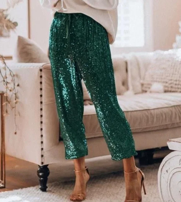 2024 Sequin Shiny Wide Beam Leg Pants Women Casual Christmas Party Harem Pants High Waist Lace Up Trousers Streetwear