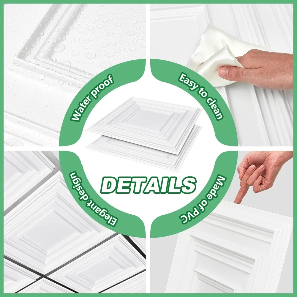 50枚 2 x 2フィート ホワイトPVCプラスチック製ドロップ天井タイル 24 x 24 x 0.8インチ 天井パネル装飾カバー 200平方フィート フィート