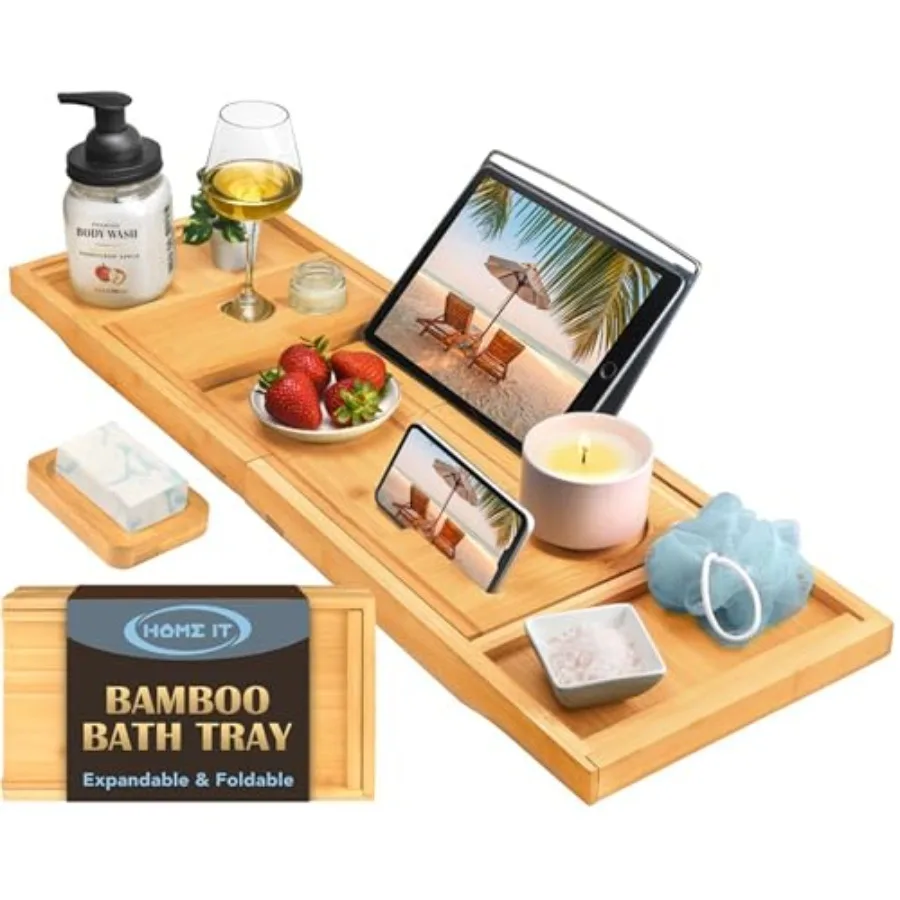 

Premium Foldable Bathtub Tray - Bamboo Waterproof Bath Tray for tub Caddy - Wooden Holder for Wine Book Soap Phone Luxury Gift