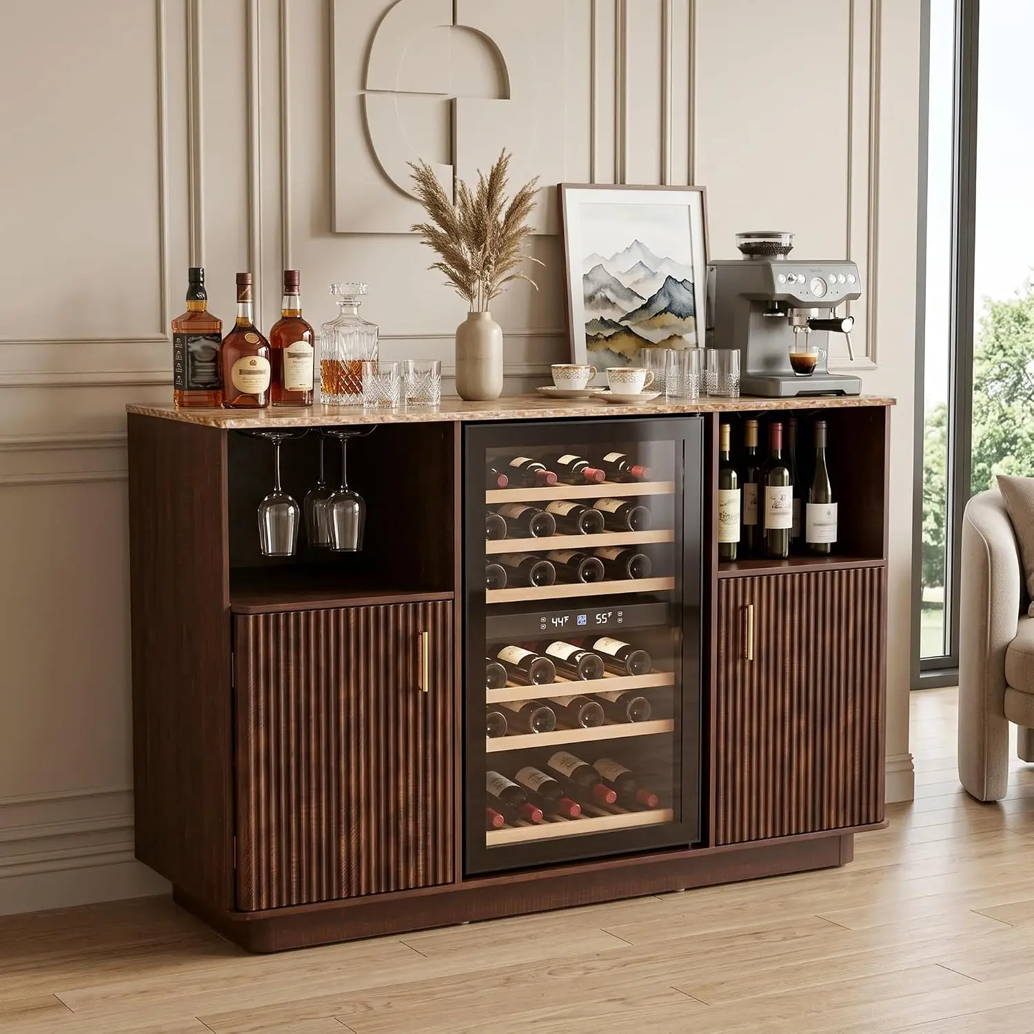 53.5'' Coffee Bar Cabinet with Mini Fridge Space, Fluted Sideboard, Power Outlet, Stemware Rack, Adjustable Shelves, Customized