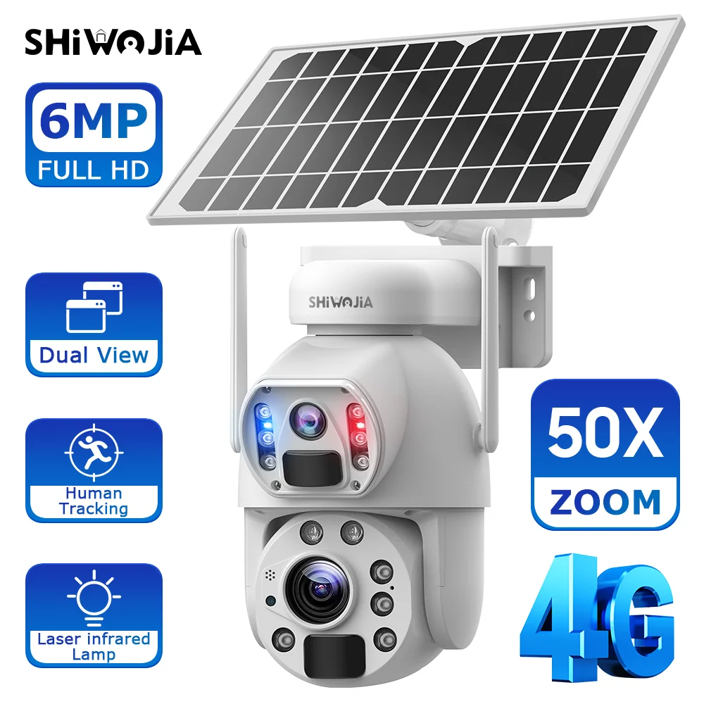 SHIWOJIA 50X Zoom 4G LTE Solar Security Camera 6MP Night Vision Dual-Lens Outdoor WiFi Solar Battery Camera PIR Human Detection