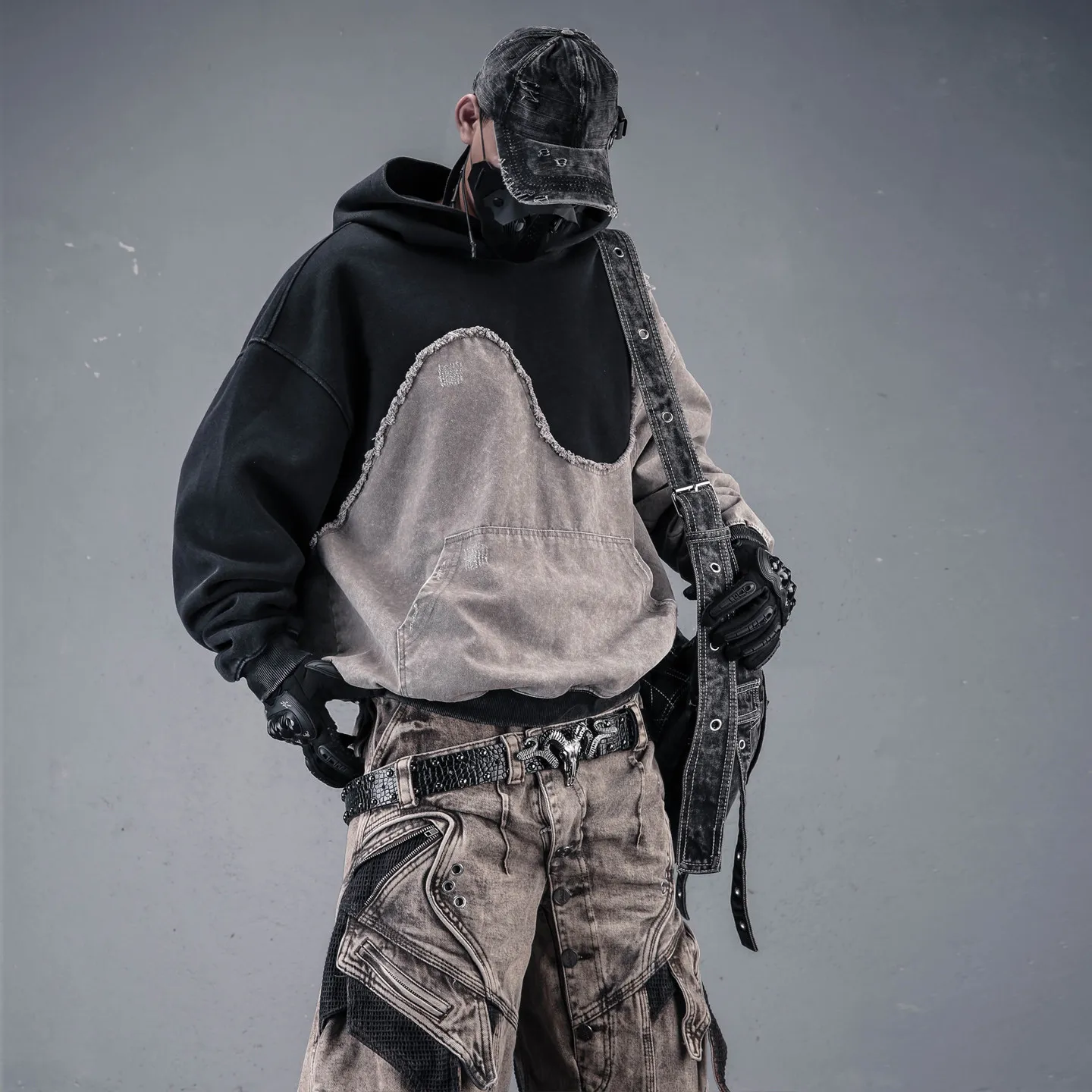 Wasteland Techwear Style Stand Cut Stitching Contrast Color Hooded Sweatshirt Men's  and Autumn Washed Worn Loose Idle Hoodie