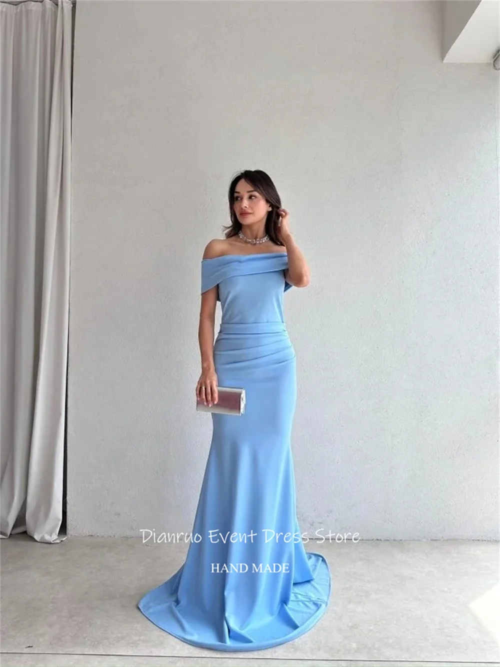 Dianruo Черные вечерние платья с короткими рукавами и рюшами со шлейфом Robe De Soirée Femme Русалка с открытыми плечами Халаты Habillées по индивидуальному заказу