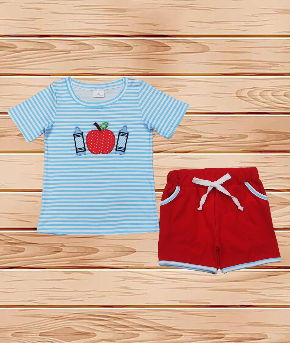 

4.7 Wholesale Western Boutique children clothing Embroidery Baby Boys Back To School Pencils Blue Top Shorts Clothes Sets