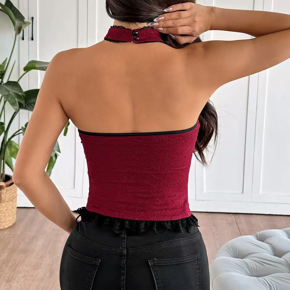 French sexy lace rope halter neck open back fishbone chest pure cotton tube top retro elegant temperament fishbone bra