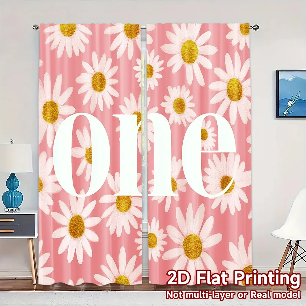 Rideaux imprimés plats 2D (sans tige), 2 pièces, rideau de fenêtre populaire marguerite, décorations polyvalentes en tissu Polyester