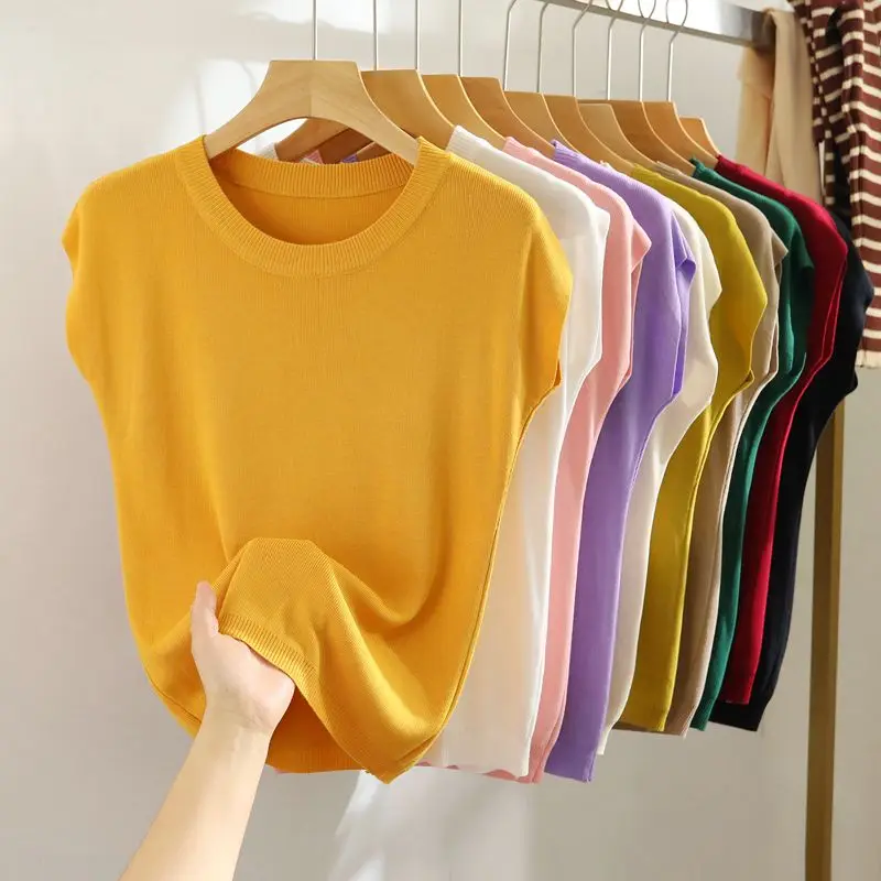 

Summer New Femlae Ice Silk Short Sleeve Women's Loose Large Knitwear Solid Color T-shirt Half Sleeve Top Knitwear Pullover Q420