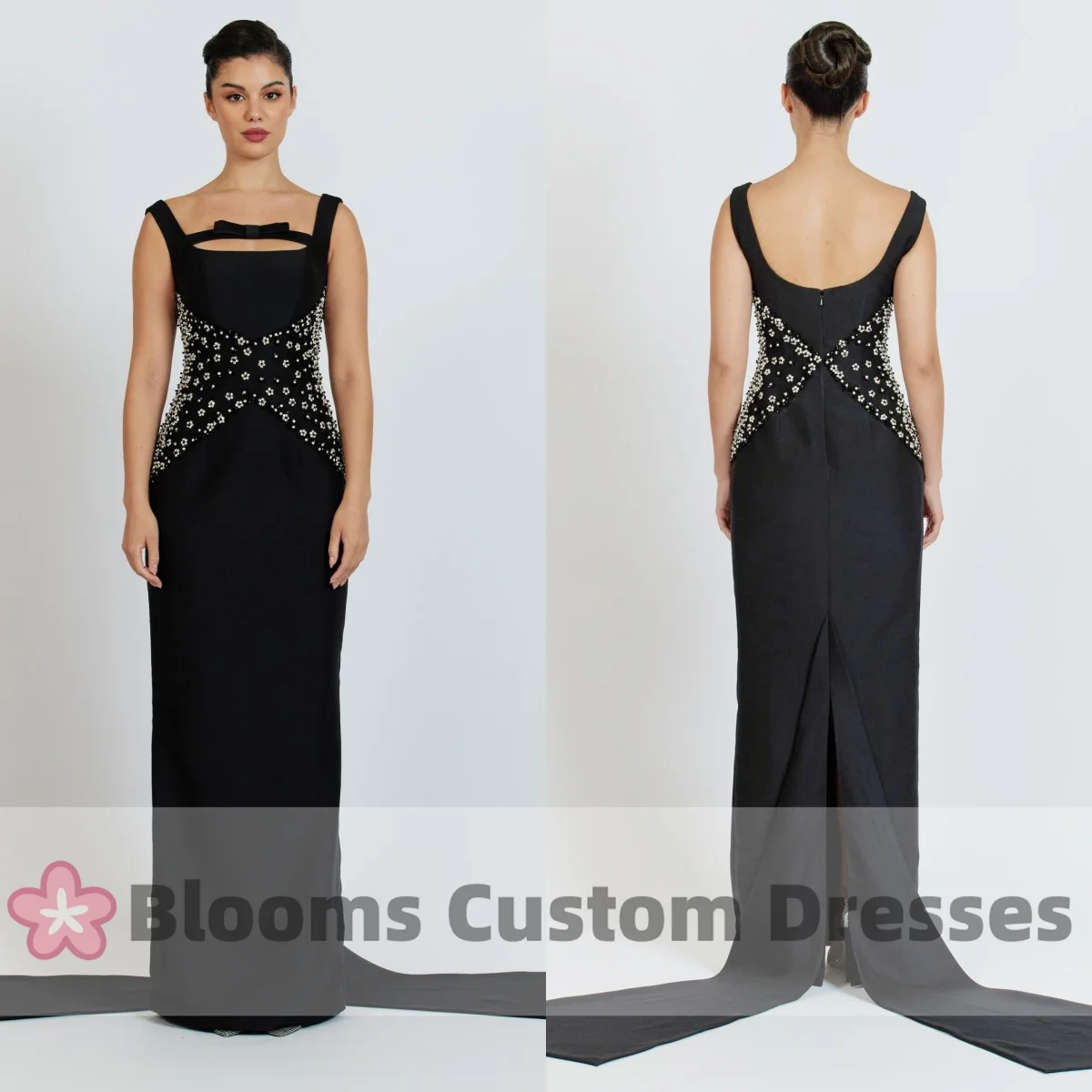 Blooms Crystal Customized Evening Dresses Long Sleeves Satin Elegant Women Black Formal Occasion Party Dress For Prom Zipper