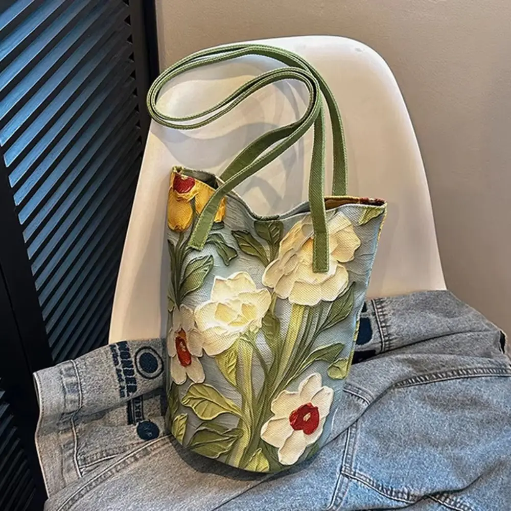 Material de lona padrão floral balde saco estilo versátil crossbody grande capacidade bolsa ombro design floral na moda