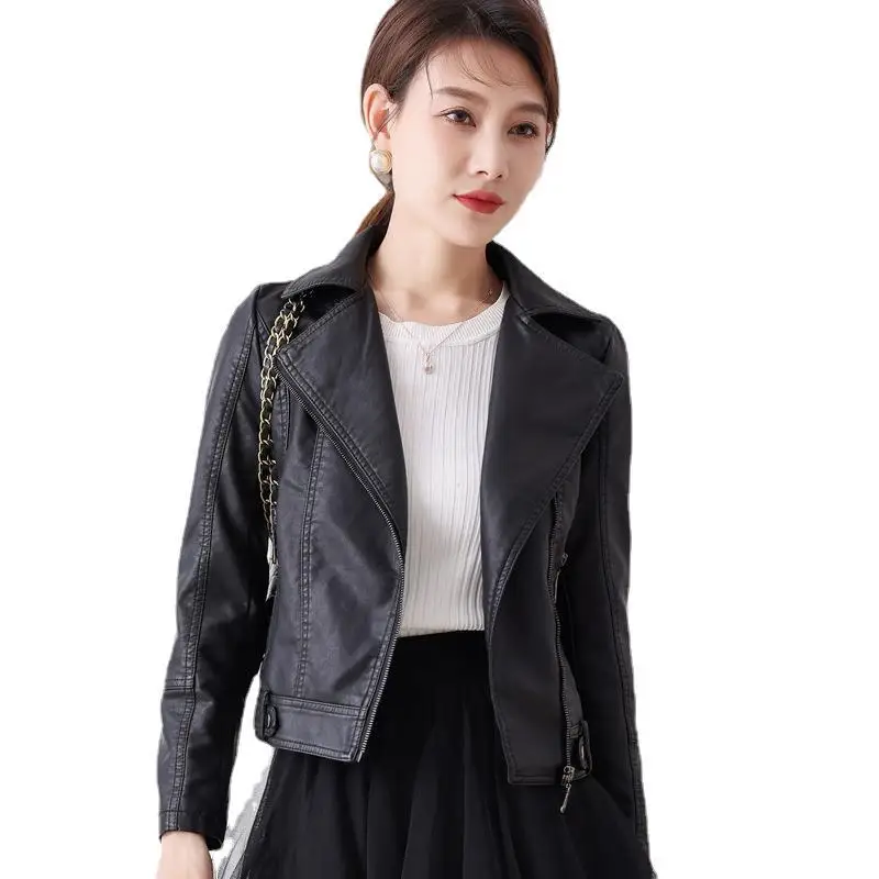 PU Slim Fashion Zipper Leather Coat Women's Black Button Leather Coat 2023 Autumn Winter Turn-down Collar Warm Leather Jacket