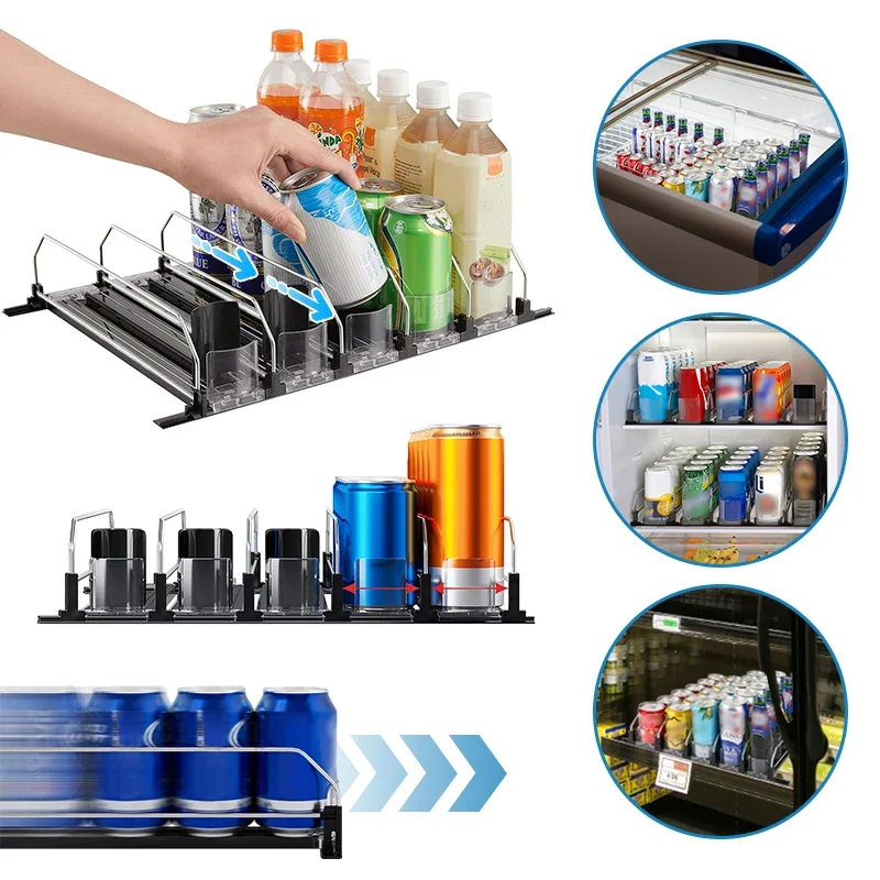 

Стойка с нажимным механизмом для консервированных напитков, диспенсер для органайзера для напитков, регулируемая полка для банок, полка с пружинным нажимным механизмом для кухонного холодильника