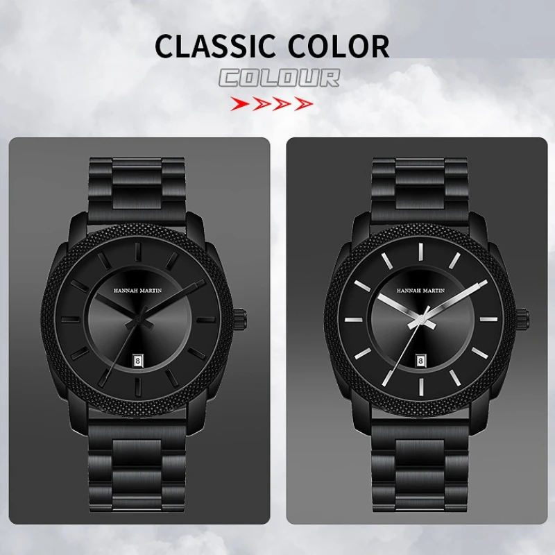 HANNAH MARTIN Watches for Men 1452 Black Luxury Quartz Watch Stainless Steel Strap Waterproof Mens Watches Relogios Masculino