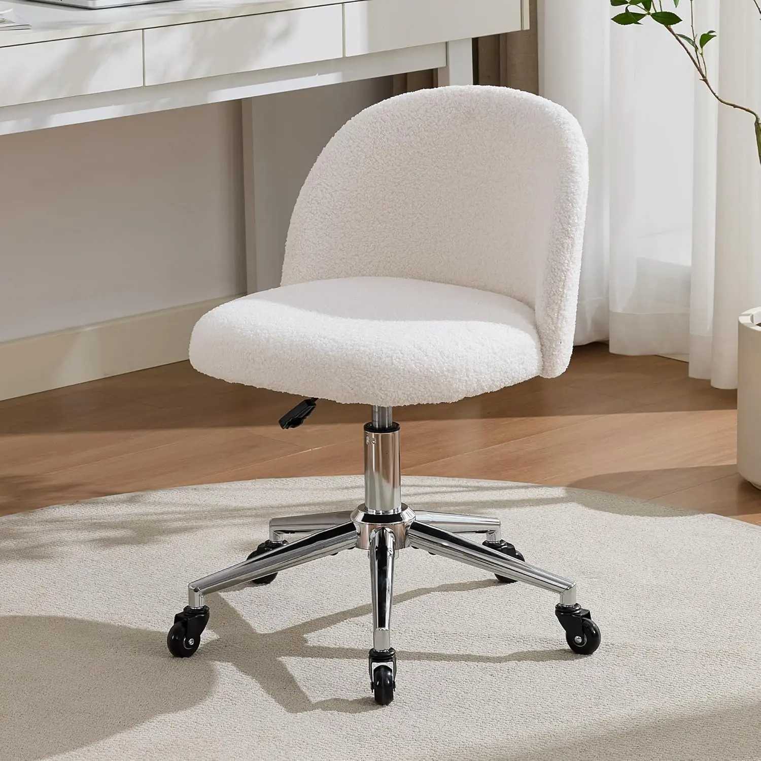 

Quiet Wheels Home Office Chair, Armless Vanity Stool, 360 Swivel Adjustable Height White