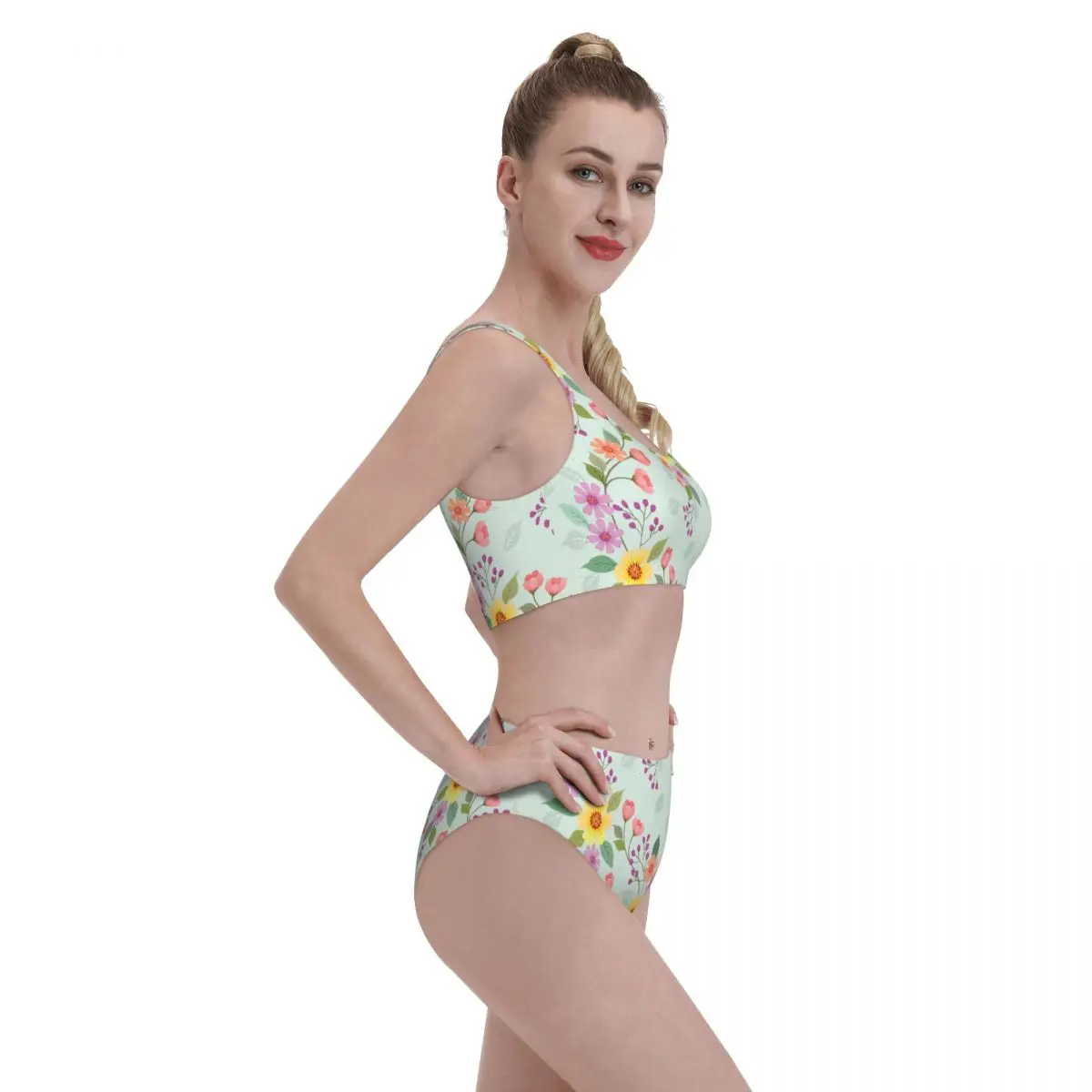 Conjunto de Bikini de cintura alta para mujer, traje de baño de 2 piezas con estampado Floral y cuello redondo, 524029766