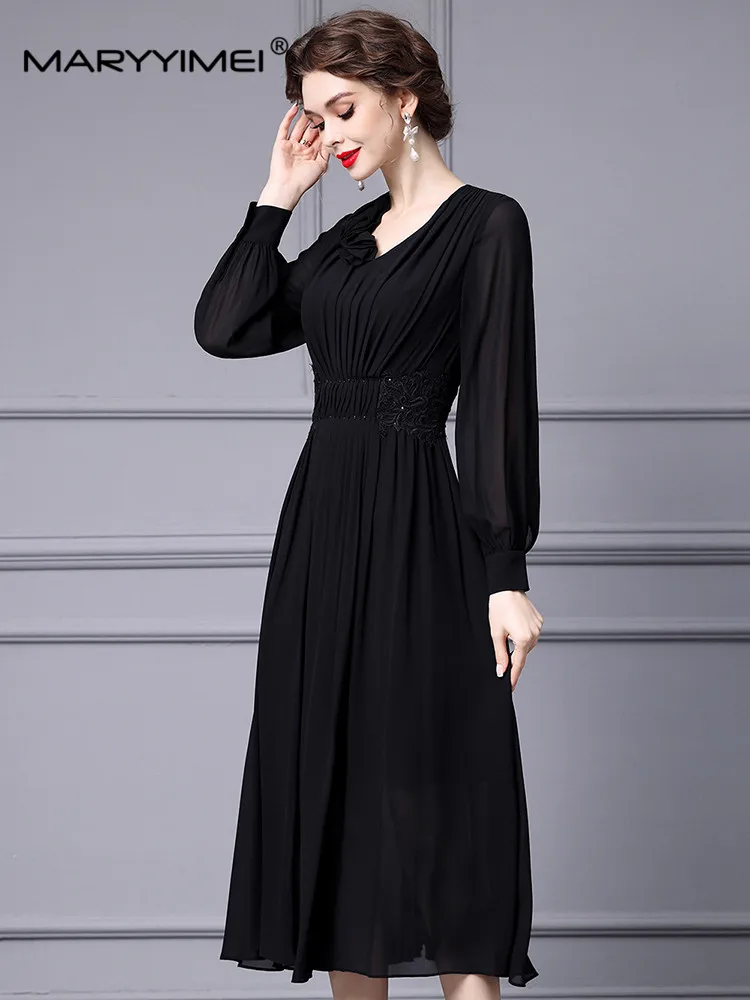 MARYYIMEI New Fashion Runway Designer Women\'s Black V-Neck Long Sleeve Elegant Three-Dimensional Floral Pleated Vintage Dress