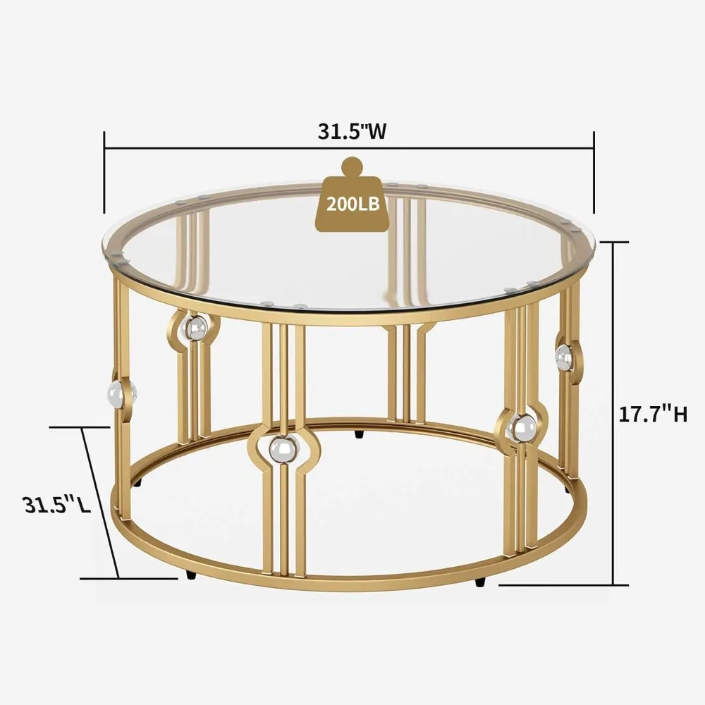 Round Tempered Glass Coffee Table - Gold Accents for Living Room and Office Use
