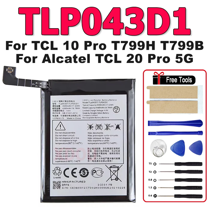 

4500mAh TLP043D1 TLP043D7 New Battery for TCL 10 Pro T799H T799B For Alcatel TCL 20 PRO 5G T810 T799 T782 T810S T810H+tools