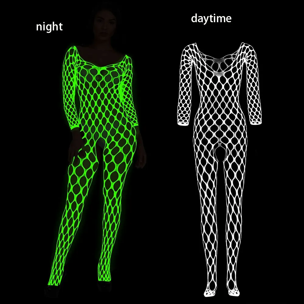 Brilha no escuro lingerie sexy bodysuits catsuit feminino transparente crotchless roupas sexuais ver através do corpo meias quente erótico