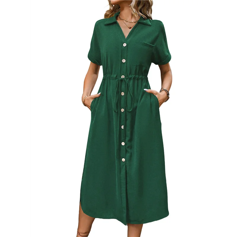NEUE-Frauen Einfarbig Kleid Sommer Casual Kurzarm Taste V-ausschnitt Kleider Lange Strand Hemd Kleid Mit Taschen