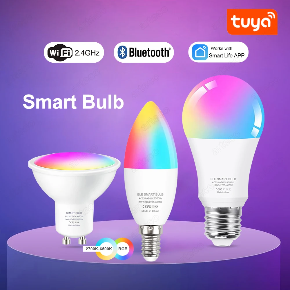 Tuya Smart Life E14 GU10 E27 WiFi Bluetooth Smart Led Light Bulbs 5W RGBCW LED Lamp 220V Dimmable Lamp Candle Spotlight For Room