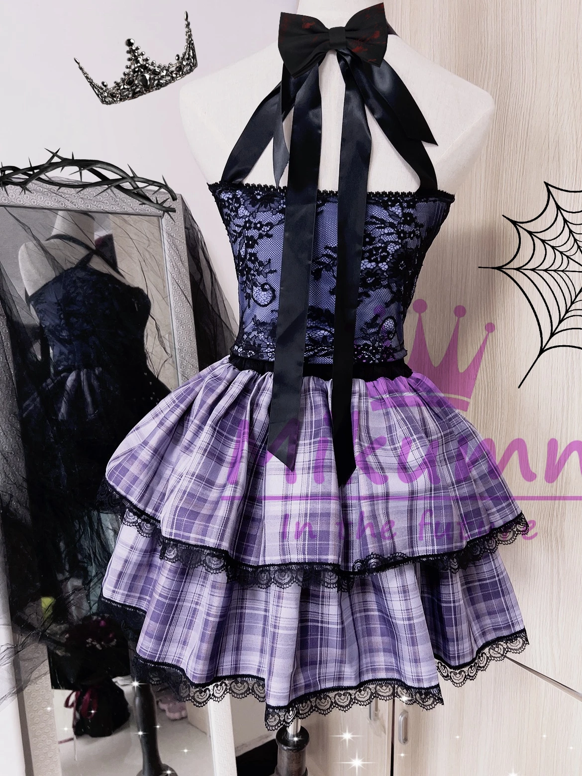 Mikumn Women Purple Plaid Skirts Harajuku Punk Elastic High Waist Pleated Skirt Chic Design Kawaii Lace Gothic Lolita Mini Skirt