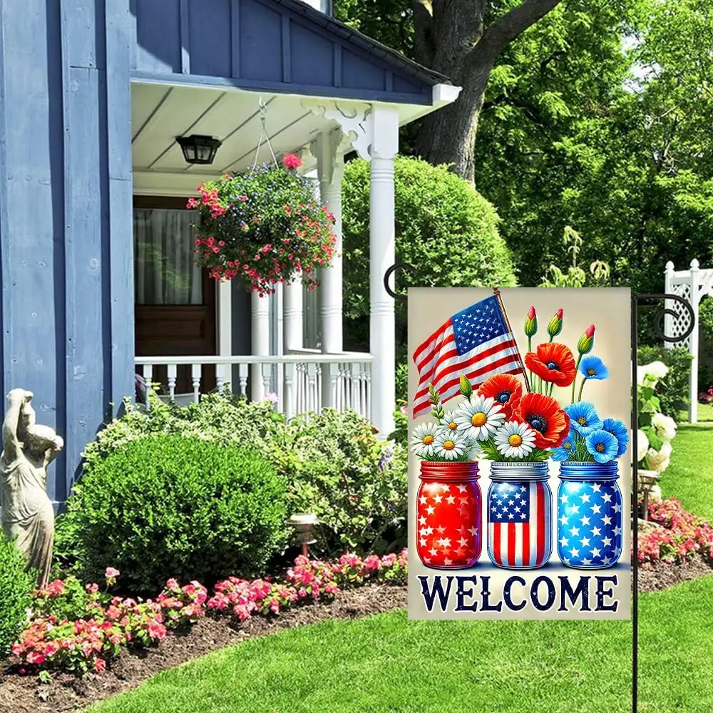 Patriotic Mason Jar Welcome Garden Flag 12x18 in American Flag with Red White Blue Flowers Double Sided Outdoor Yard Banner  PPZ