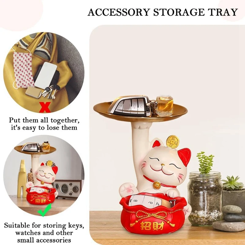 Fortune Cat Statue, Creatives Cute Fortune Cat Tray, Resin Fortune Cat Statue With Dish, Fortune Cat Key Storage Tray Durable B