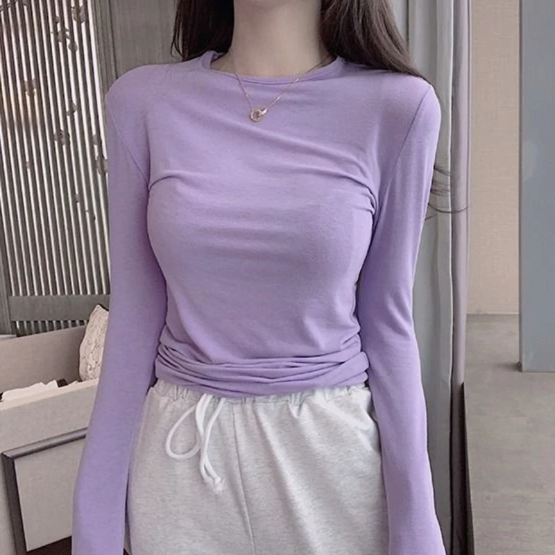 Plain Woman T-shirt 2024 Tee Clothing Slim Cotton Skinny Purple Top for Women Tshirt Korea Stylish Spring and Autumn Trend Goth