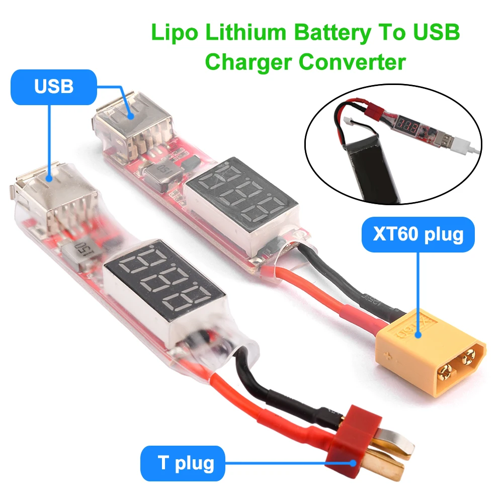 2S-6S Lipo Lithium Battery XT60 / T Plug To USB Charger Converter With Voltage Display Adapter Board For Protect Phone Features