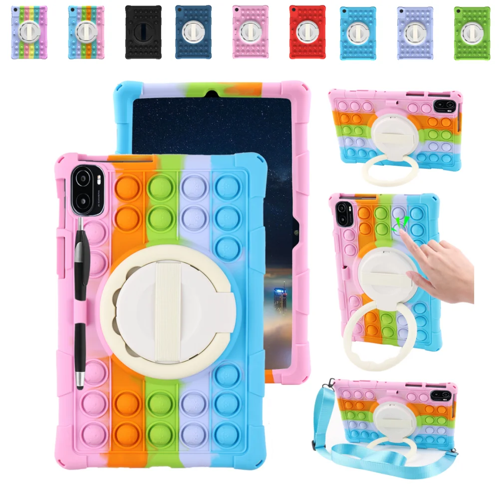 Kids Case for Teclast T50 11 inch 2023 2021 Shockproof Silicone Cartoon Decompression Bubble Cover with Shoulder Strap & Pen