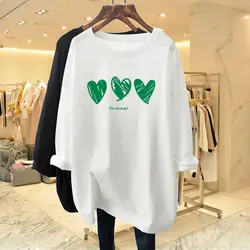 Spring Autumn Chic Hand-Painted Love Print T-shirt Women Clothing Casual Loose O-neck Cotton Top Tee Office Lady Basic Pullovers