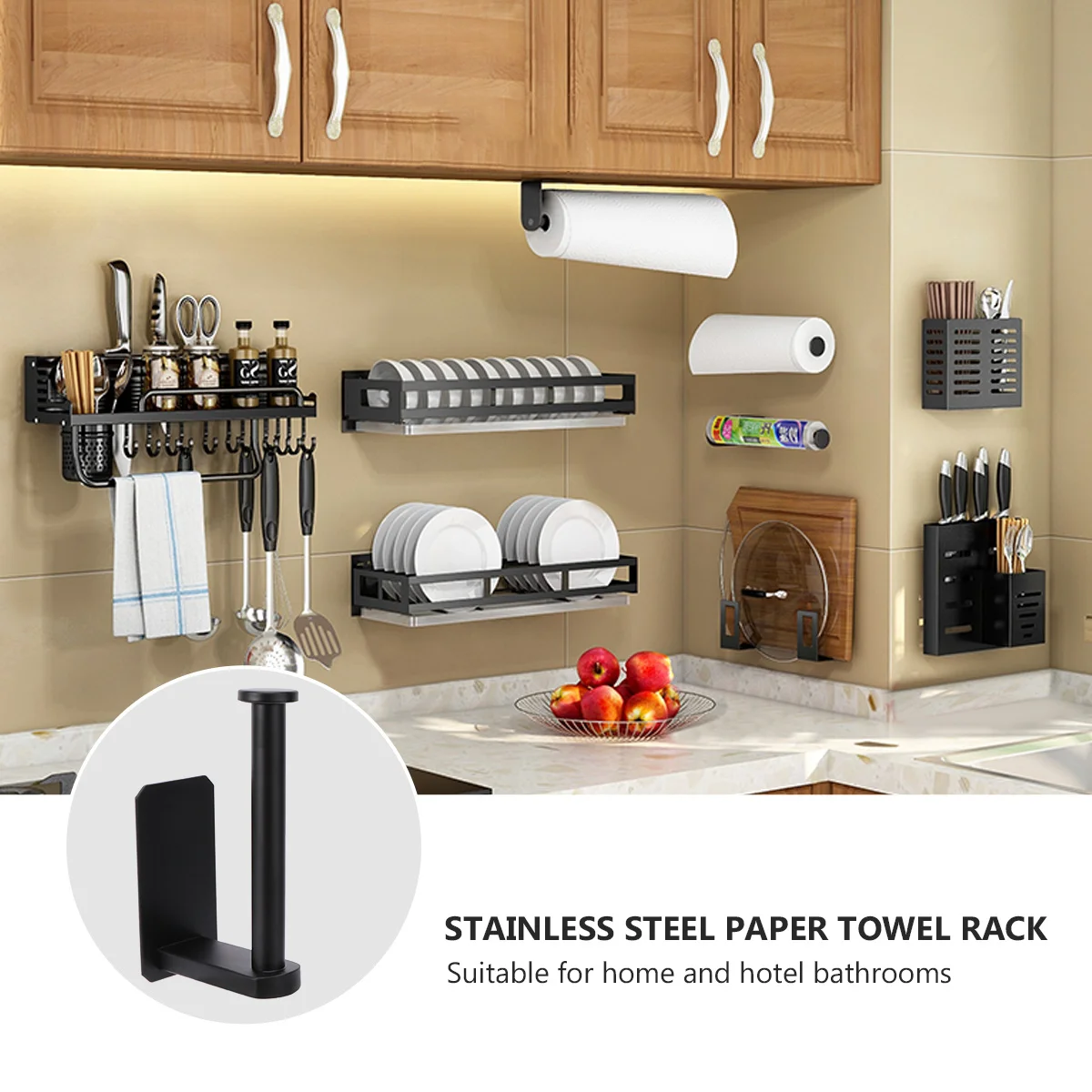 

Stainless Steel Roll Paper Holder Waterproof Adhesive Backing Black Bathroom Tissue Rack Easy Install Strong Bearing Capacity