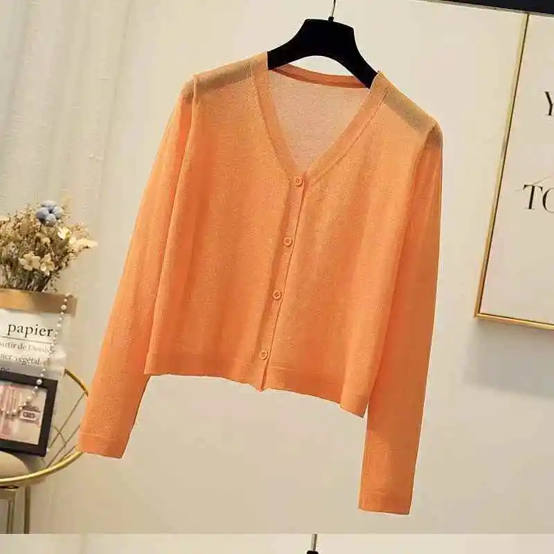 

Elegant Thin Knitted Cardigans Women Spring/Summer New V-Neck Single Breasted Hollow Out Sunscreen Coats Fashion Sheer Knitwear
