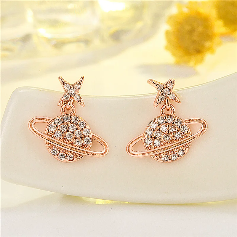 Saturn Planet Earrings Aesthetic Cubic Zircon Silver Plated Saturn Planet Stud Earring Fashion Women Jewelry