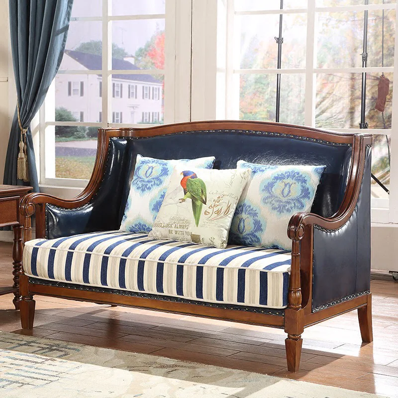 Divano rurale interamente in pelle di legno massello, divano in tessuto di pelle di piccole dimensioni per soggiorno per tre persone in pelle bovina di primo strato