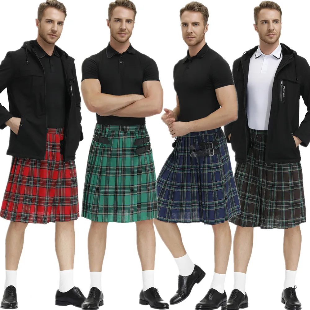 Men's Plaid Pleated Skirt Scottish Holiday Kilt Costume Traditional Costume Stage Performance Skirt Red Blue Green Brown