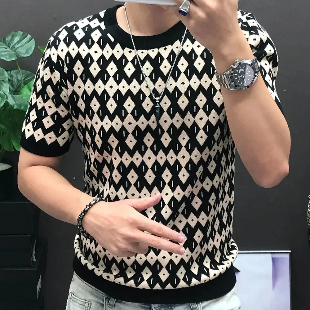 Diamond Check Contrast Knit T-Shirt High Elasticity Short Sleeve Slim Bottomed Tshirt Men Top Quality Streetwear Knitted