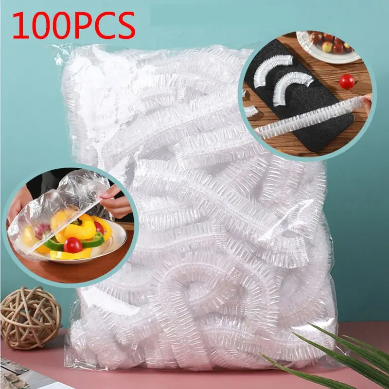 100pcs Disposable Food Cover Plastic Elastic Food Storage Bags Fresh-keeping Kitchen Food Grade Fruits Bowls Caps Dustproof Wrap