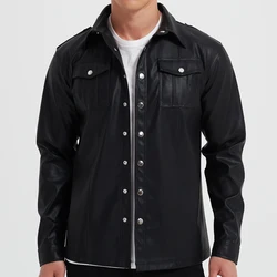 Men's Fashion PU leather shirt Elastic PU leather Police shirt long sleeve