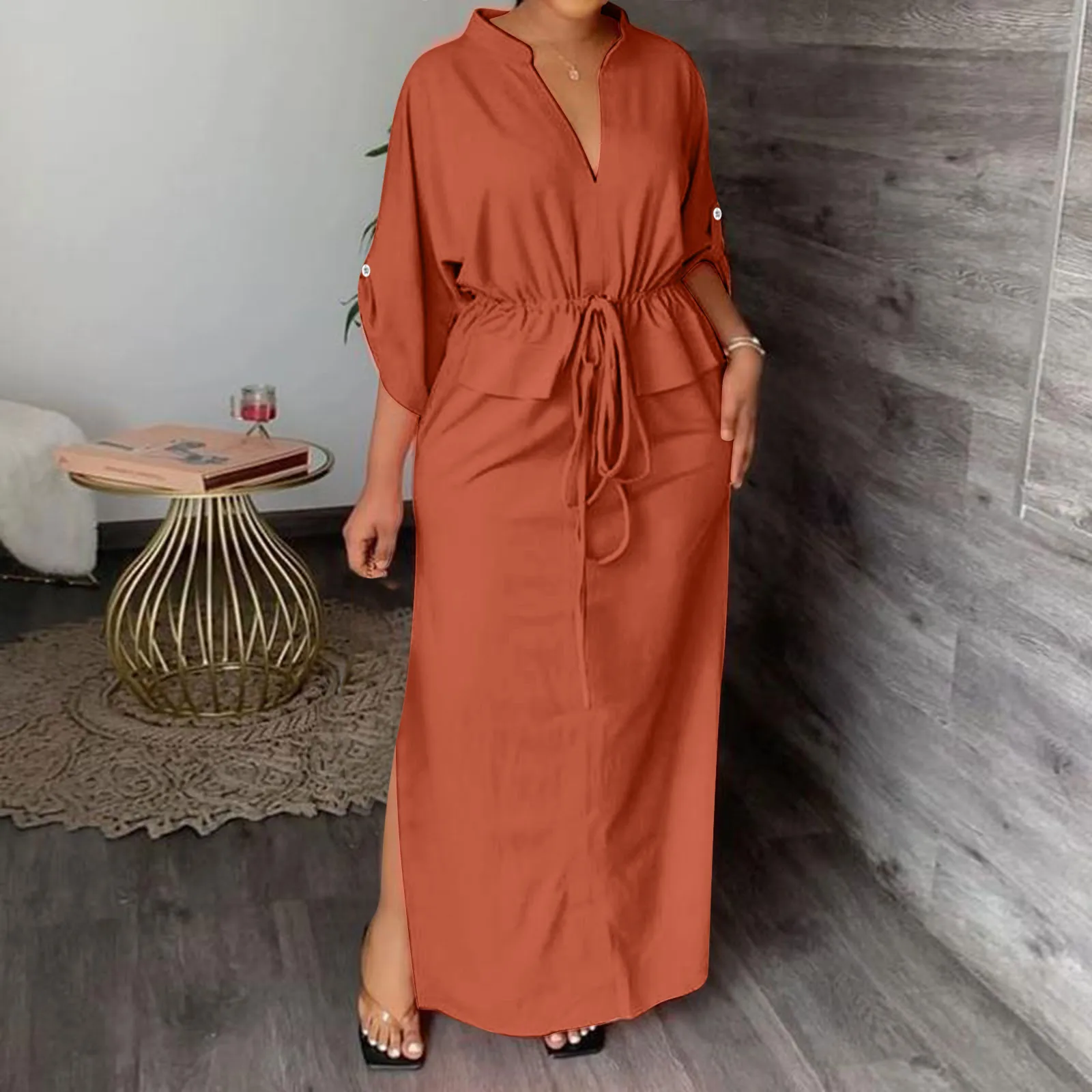 Casual Shirt Dress For Women Notched V Neck Stand Collar Button Down Belted Maxi Dresses Women Elegant Vestidos Autumn Robes