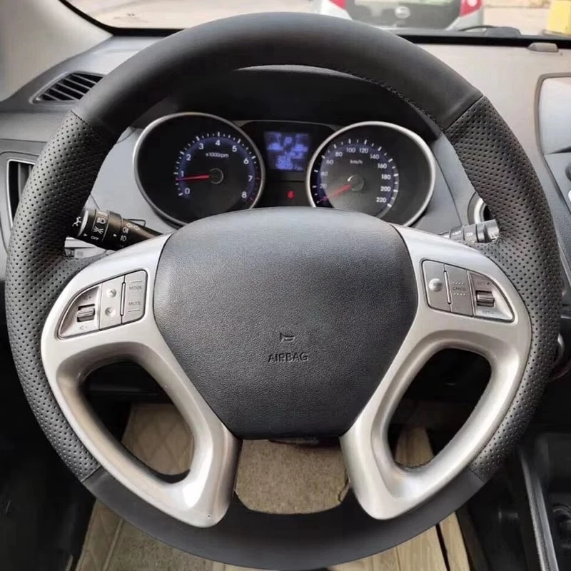 Braid On Steering Wheel For Hyundai IX35 Tucson 2011 2012 2013 2014 2015 Car Interior Steering Wheel Hand Stitched Leather Cover