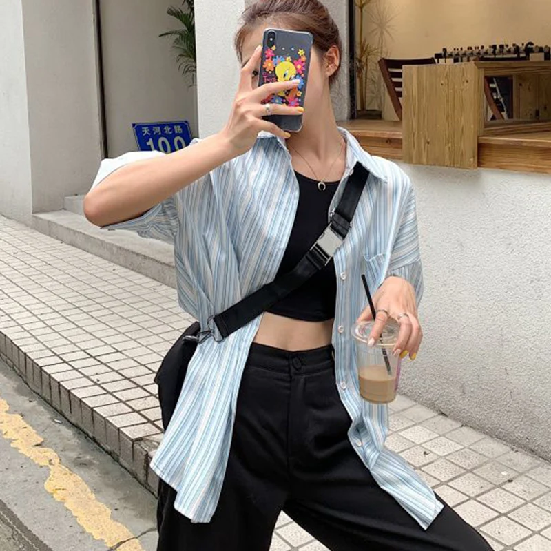 Harajuku Losse Gestreepte Shirt Vrouwen 2025, Korte Mouw Kraagvorm Zomer Blouse Vrouw Vintage Pocket Mix Kleur Shirts Vrouwelijke